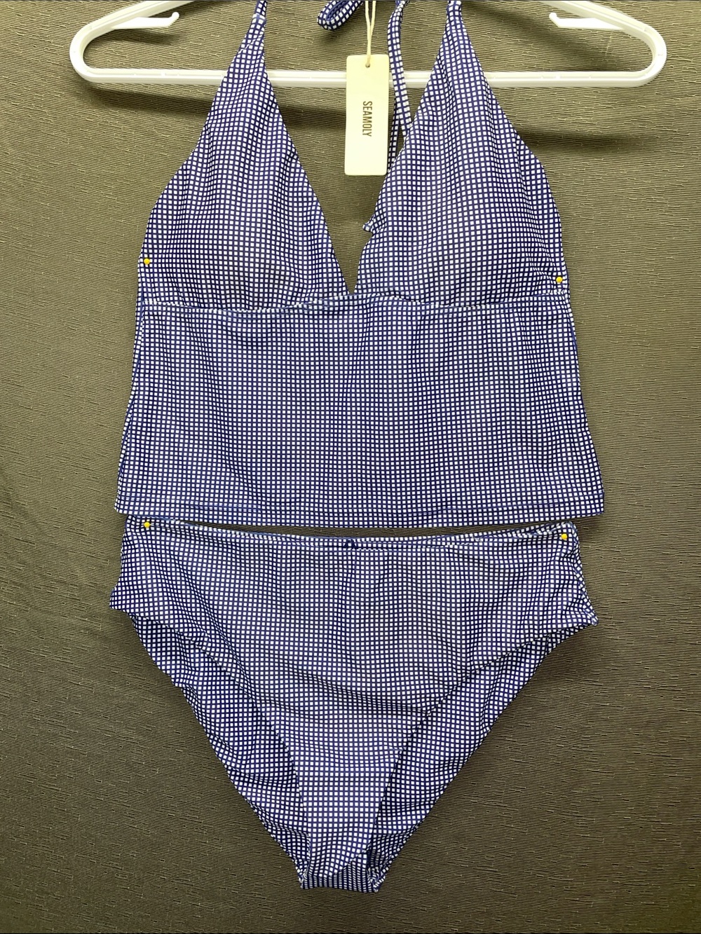 Seamoly Navy Micro-Check Halter Tankini with Bikini Brief